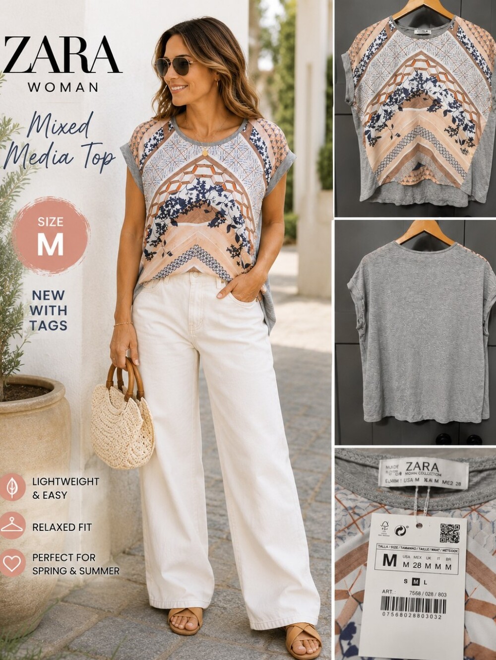 ZARA Woman NWT Mixed Media Printed Top Gray Blush Size M